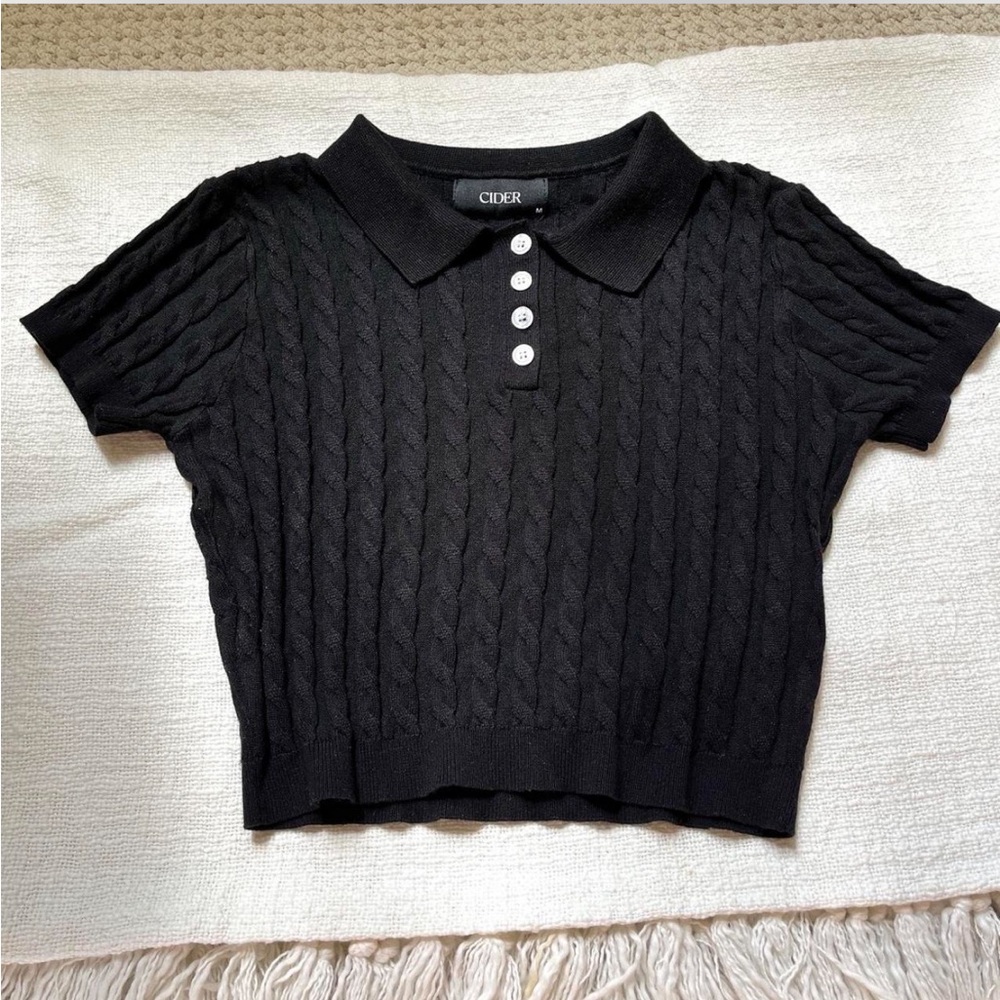 Cider Black Knit Polo Crop Top Sweater Short Sleeve Tee Size M Medium - Picture 2 of 4